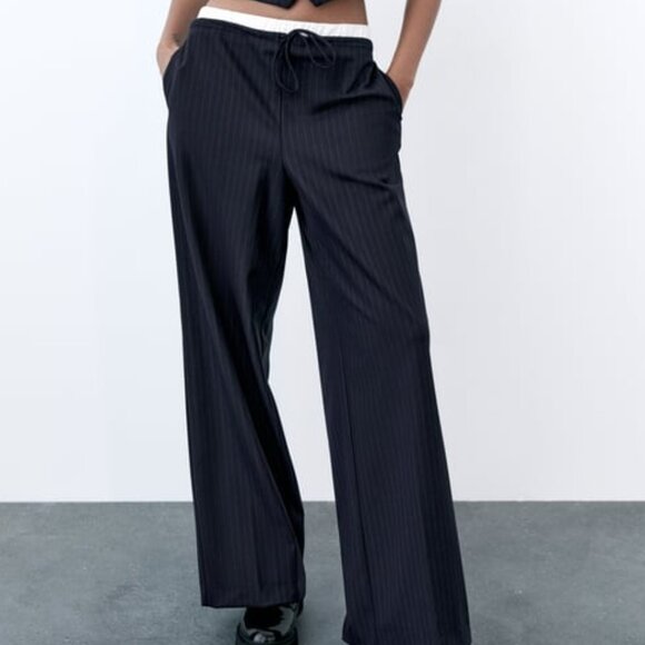 NWT NAVY PINSTRIPE COMBO BOXER DOUBLE WAIST PANTS - Picture 1 of 9